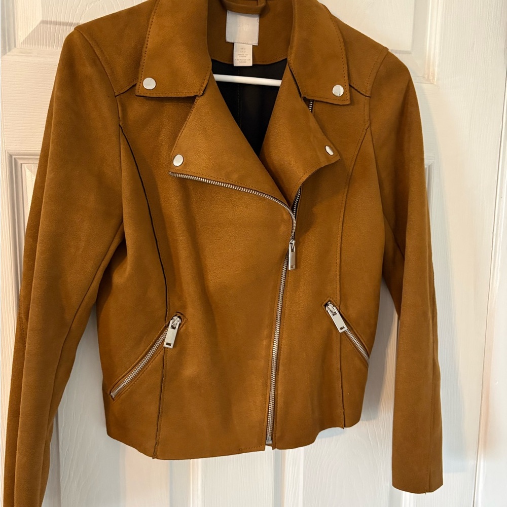 Camel Faux Suede Moto Jacket Cropped Biker Minimalist 90s Chic Size 2 - Picture 3 of 9
